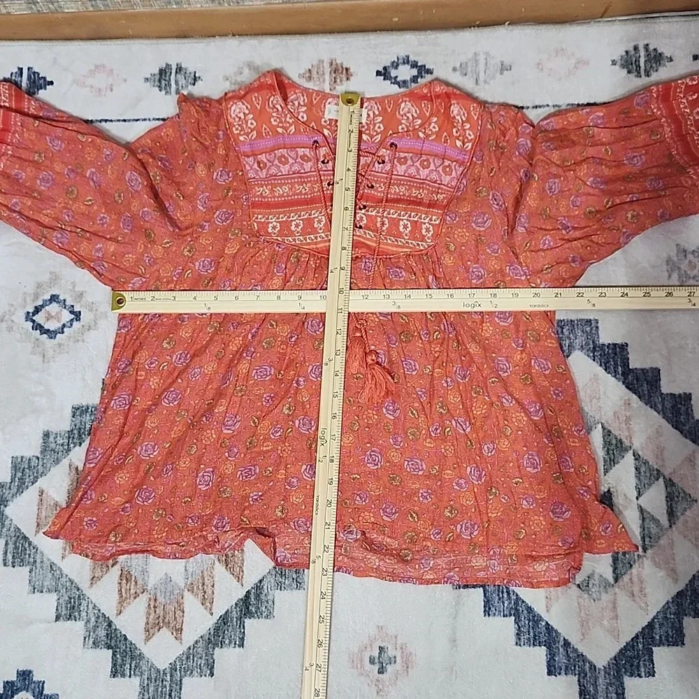 Lucky Brand Boho Peasant Top Orange Floral Embroidered Lace-Up Tassel Blouse